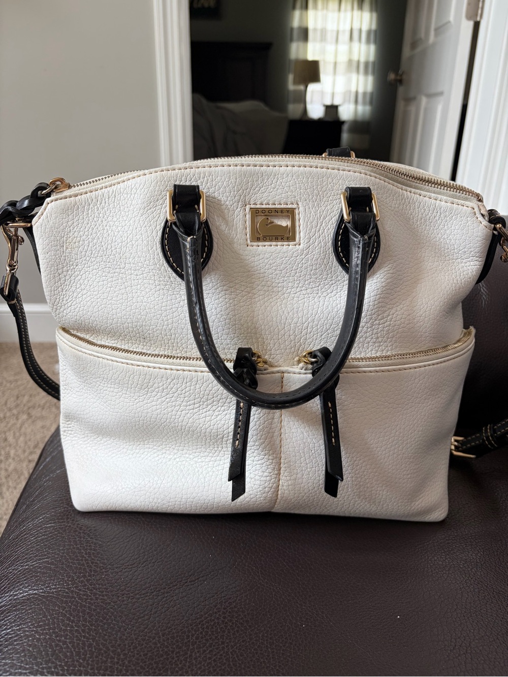 Dooney & Bourke Cream Leather Satchel with Black Trim